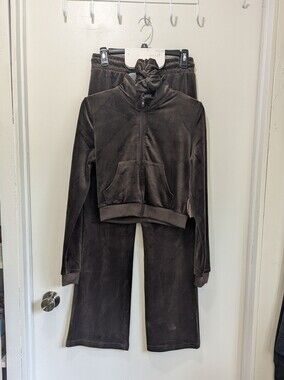 Better Together Velour Zip-Up Hoodie, Scrunchy & Wide Leg Pants Set Dark Brown S
